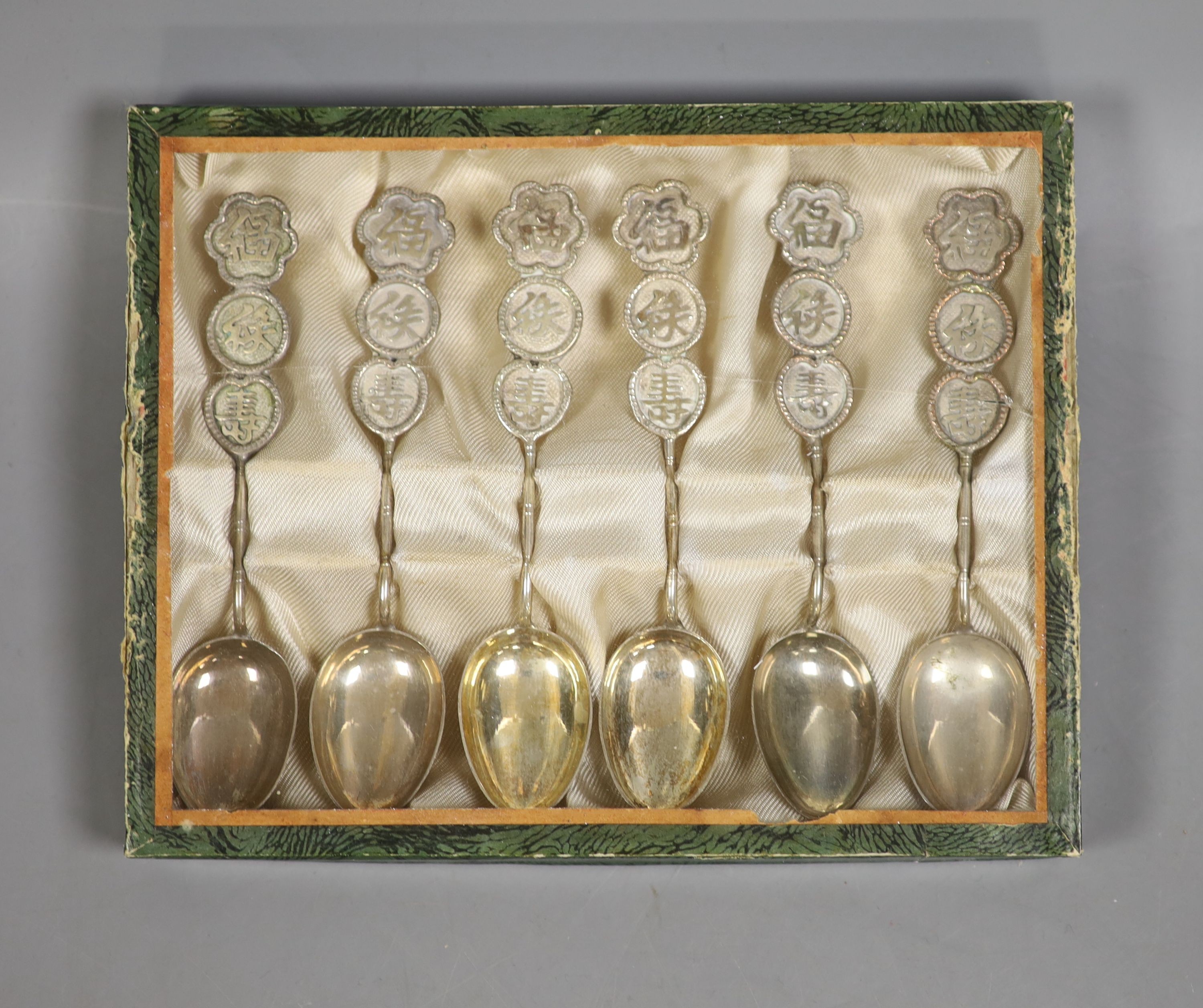 A set of six Chinese white metal spoons, with Chinese character terminals, 12.2cm, unmarked, 72 grams.